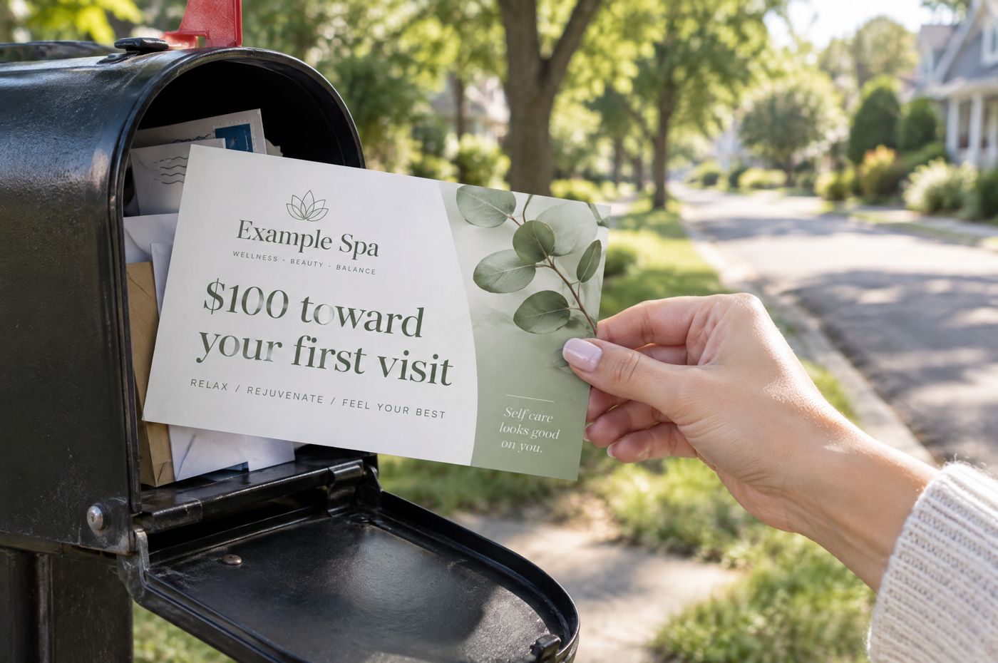 A hand pulling an Example Spa postcard offering $100 toward a first visit out of a suburban mailbox.