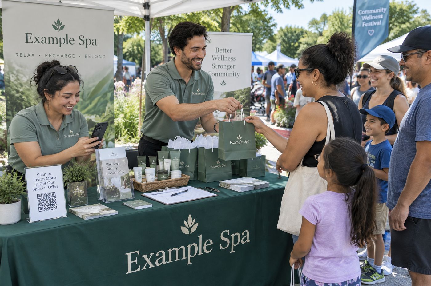 A busy Example Spa booth at a sunny community wellness festival: staff handing branded gift bags to smiling families while a woman scans a QR code sign.