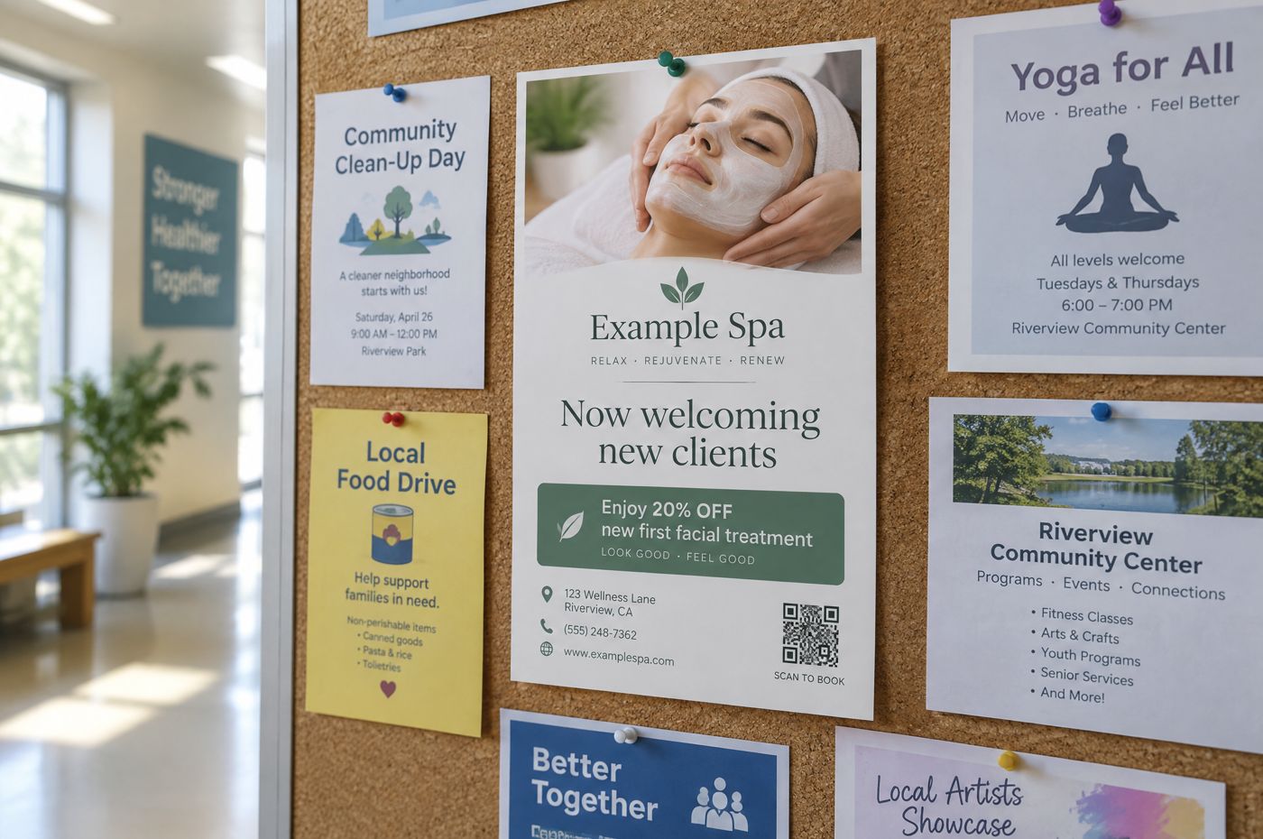 A community center bulletin board with an Example Spa flyer pinned in the center among local notices.