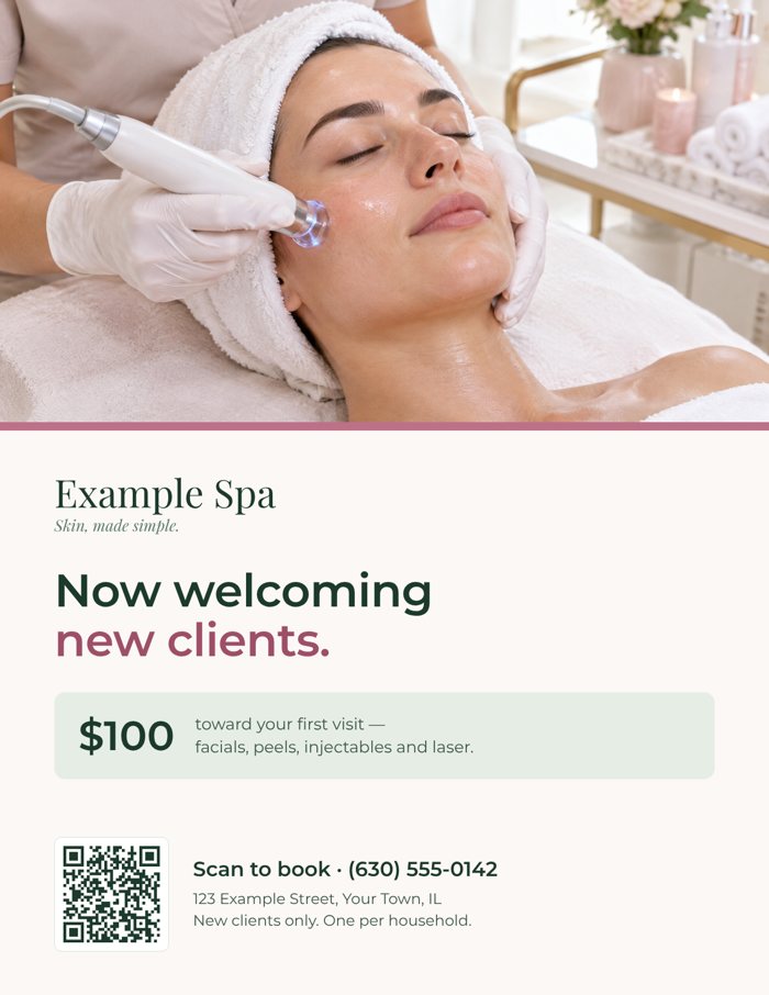 An Example Spa flyer with a facial treatment photo, the headline Now welcoming new clients, a $100 first-visit offer and a QR code.