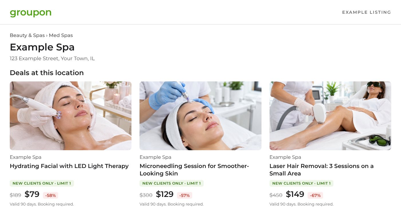 An example Groupon deal page for Example Spa listing three new-client deals: a hydrating facial for $79, microneedling for $129 and three laser hair removal sessions for $149.