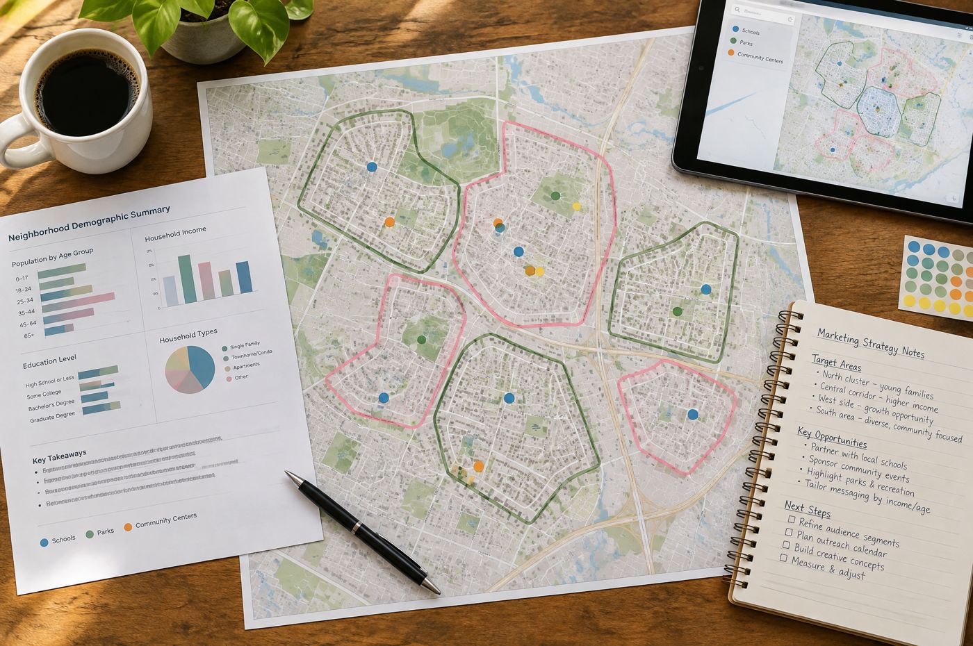 A marketing strategist’s desk with a printed neighborhood map, priority areas outlined in green and pink, a demographic summary and handwritten strategy notes.