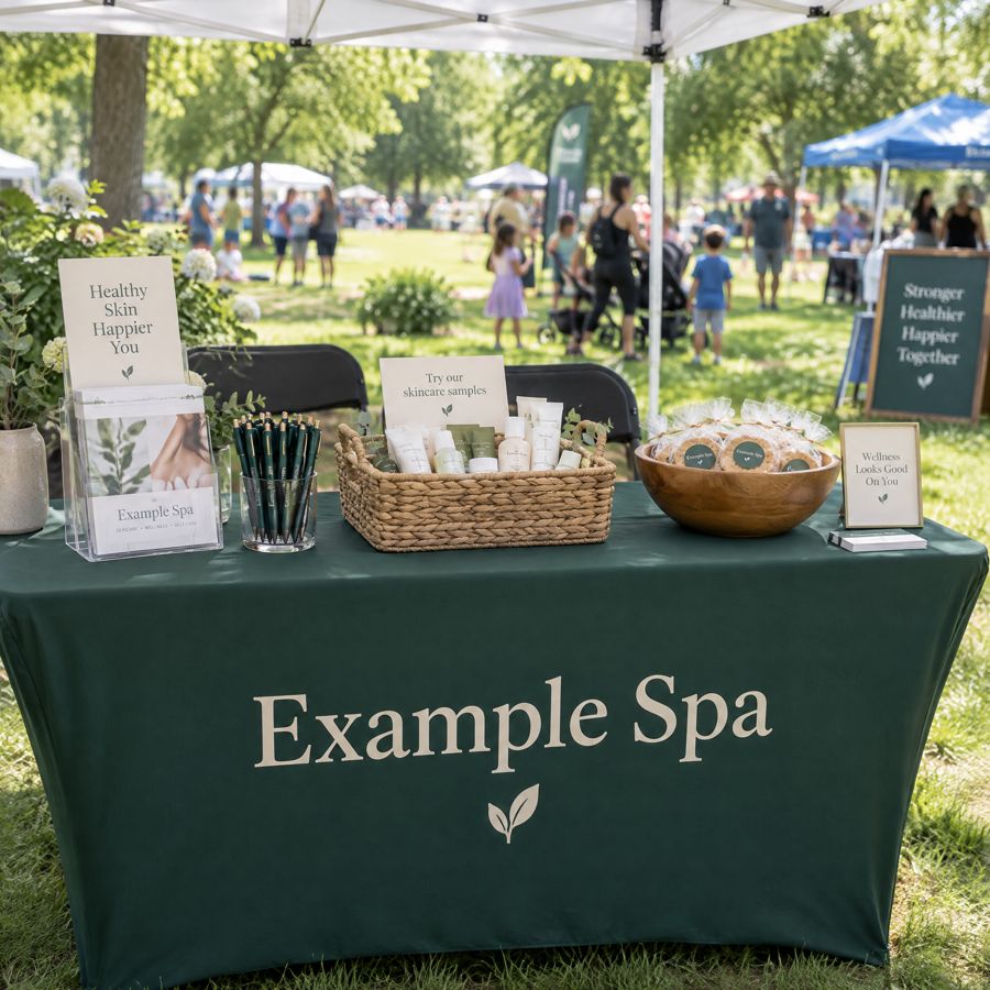 A community fair table with an Example Spa tablecloth.