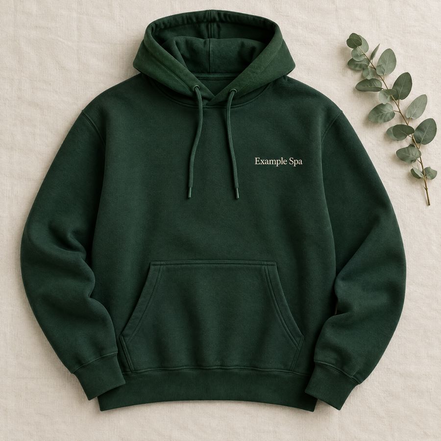 A deep green hoodie embroidered with Example Spa.