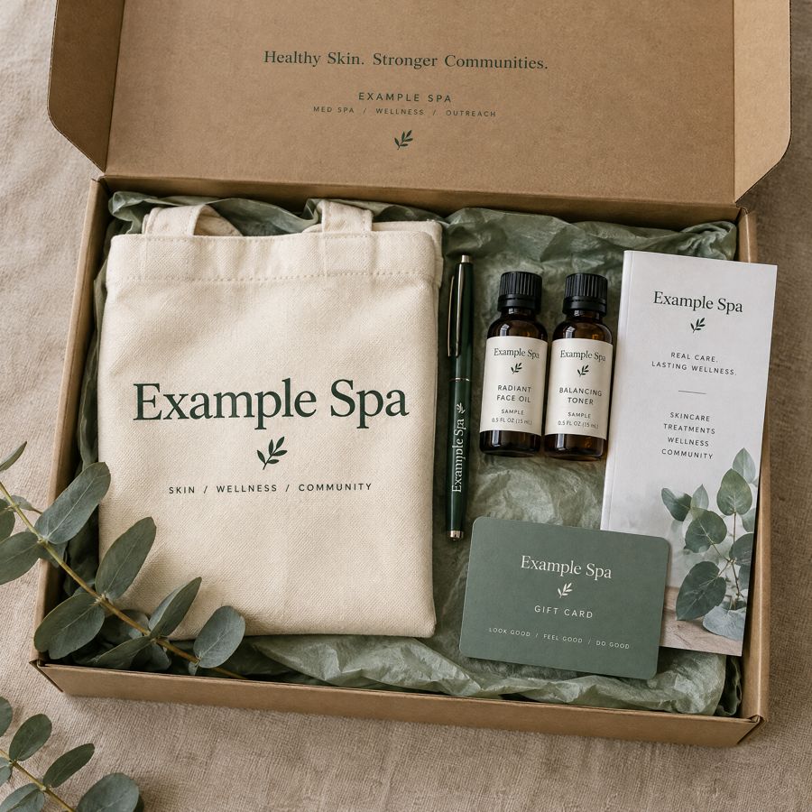 An open kraft outreach box with an Example Spa tote bag, branded pen, samples, gift card and brochure.