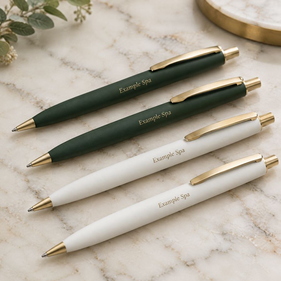Branded Example Spa pens in green and white.