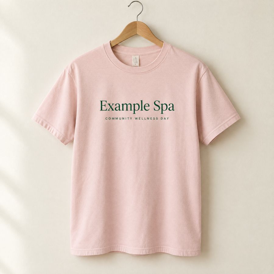 A blush T-shirt printed with Example Spa Community Wellness Day.