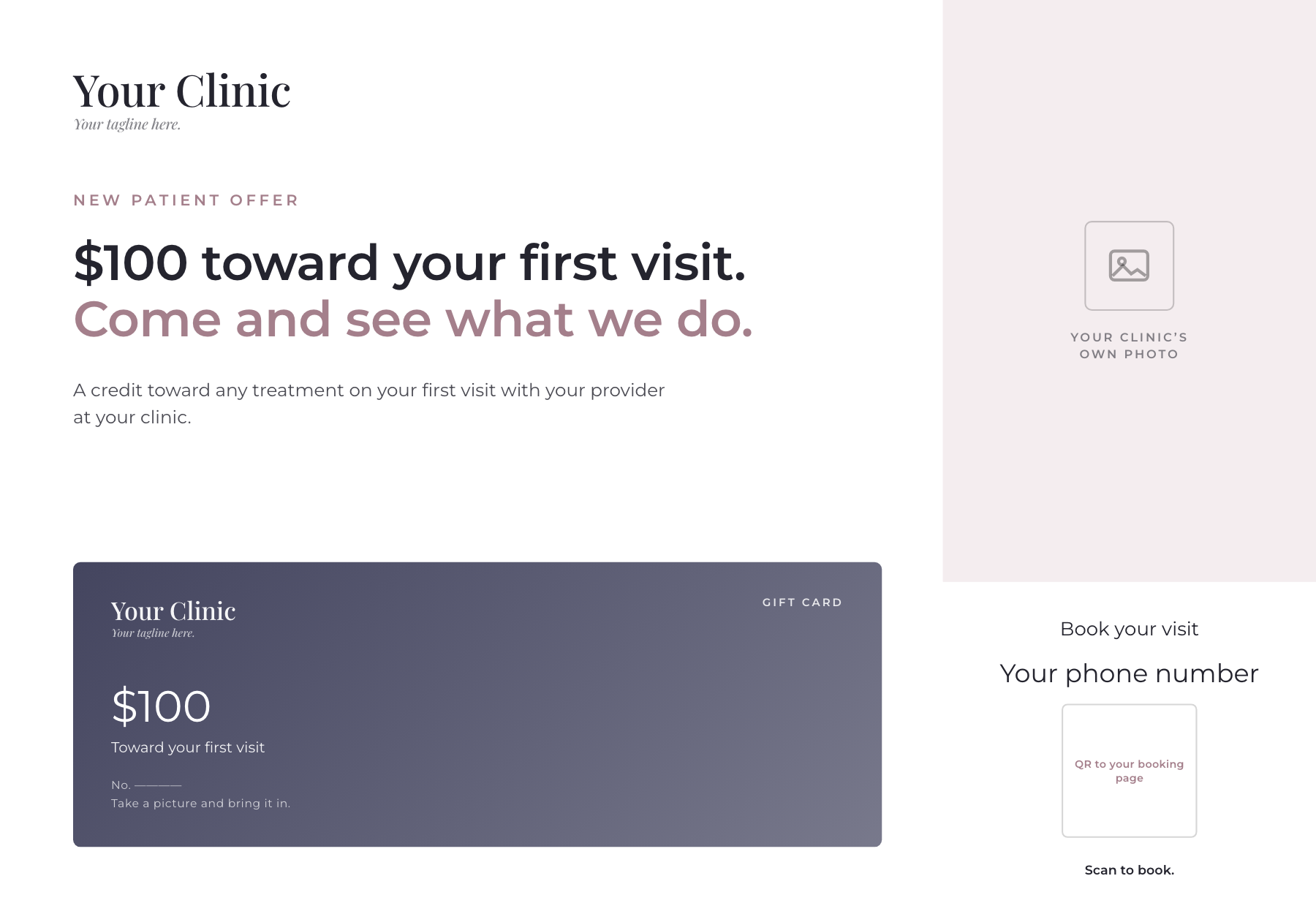 New patient offer advertisement, front: clinic name, the headline offer, a gift card carrying the amount, and the booking details with a QR code down the side.