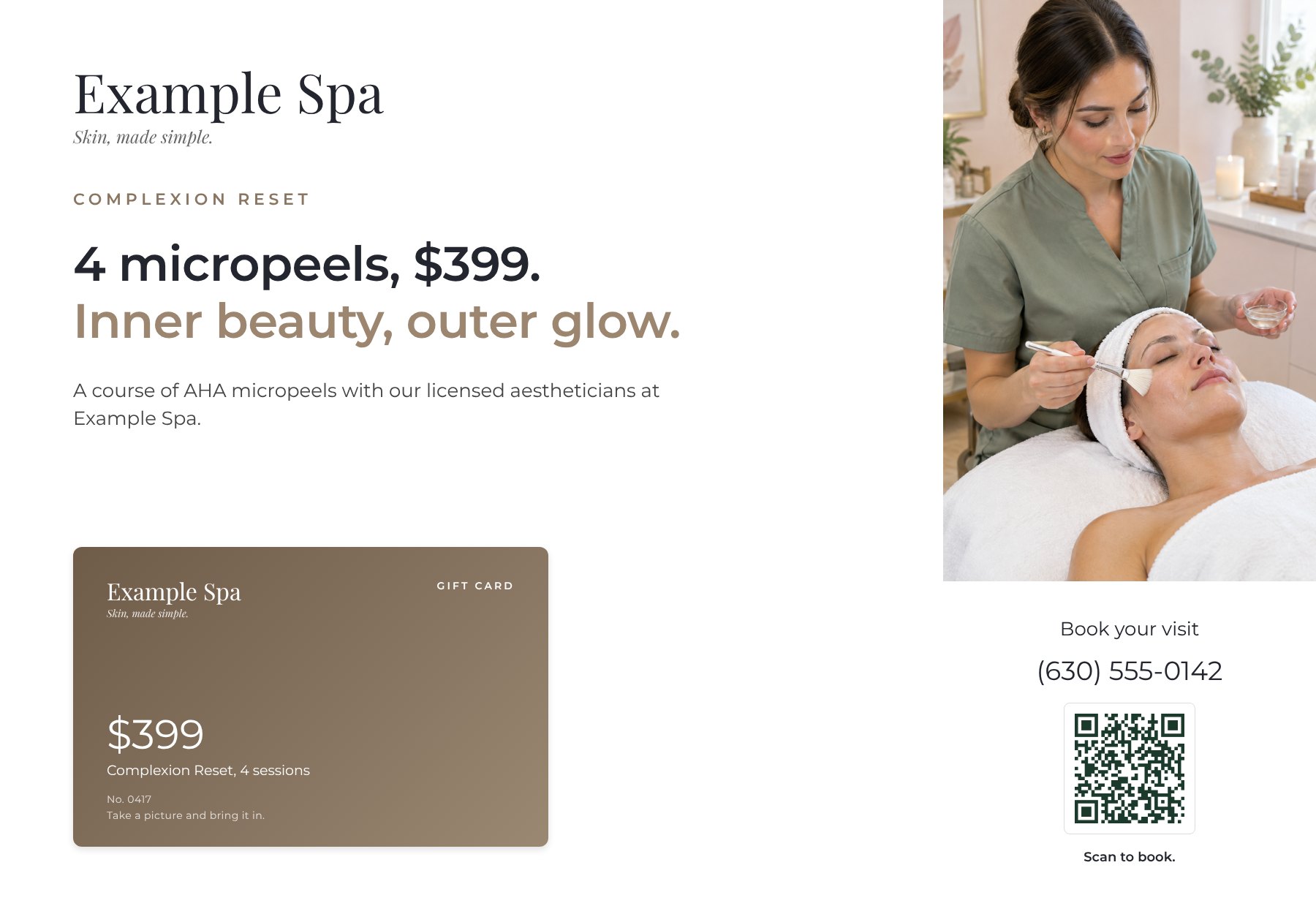 An Example Spa mailer offering four micropeels for $399, printed as a gift card, with a phone number and QR code.
