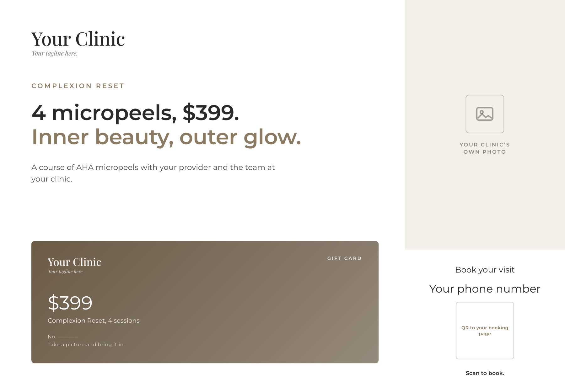 Seasonal package advertisement, front: clinic name, the headline offer, a gift card carrying the amount, and the booking details with a QR code down the side.