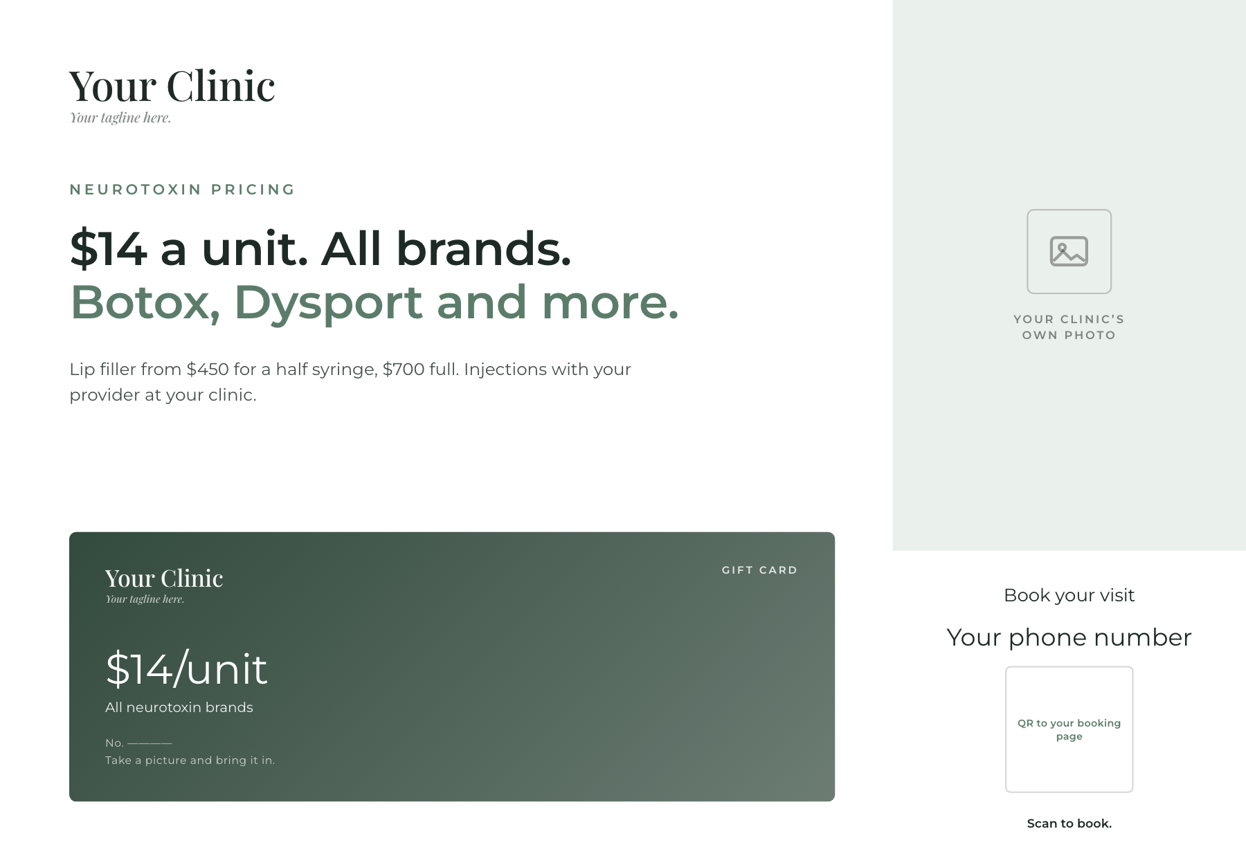 Price-led offer advertisement, front: clinic name, the headline offer, a gift card carrying the amount, and the booking details with a QR code down the side.